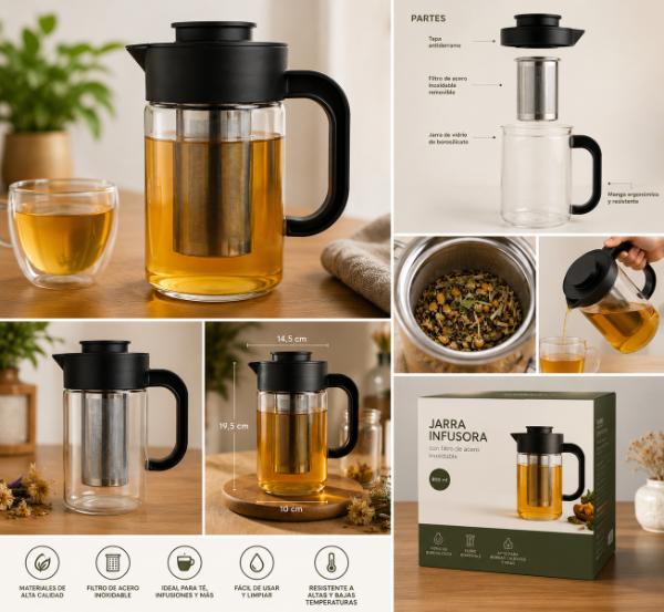 Jarra De Vidrio Para Té O infusiones Con Tapa y separador, Capacidad Grande 1.000 LTS  57-1 - imagen 4