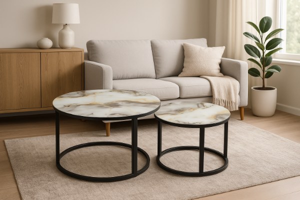 mesa decorativa doble para sala en vidrio templado y estructura metalica negra medidas 70 cm y 50 cm YZ109