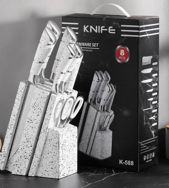 Juego de cuchillos de cocina, 8 piezas de acero inoxidable con mango hueco de bloque para cuchillo de chef (blannco) HP-4002B - Imagen 5