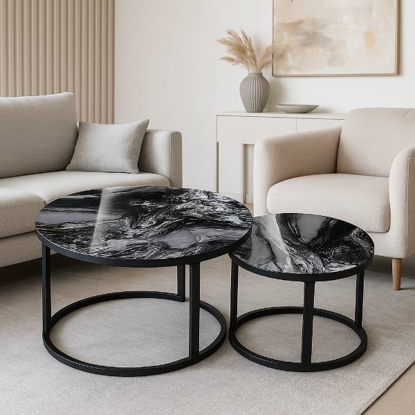 YZ090 - MESA DECORATIVA DOBLE PARA SALA EN VIDRIO TEMPLADO Y ESTRUCTURA METALICA NEGRA MEDIDAS 70 CM Y 50 CM