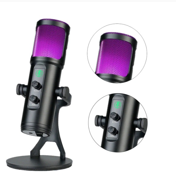 ZX-776 - MICROFONO PROFESIONAL CONDENSADOR OMNIDIRECCIONAL USB LUZ COLOR NEGRO