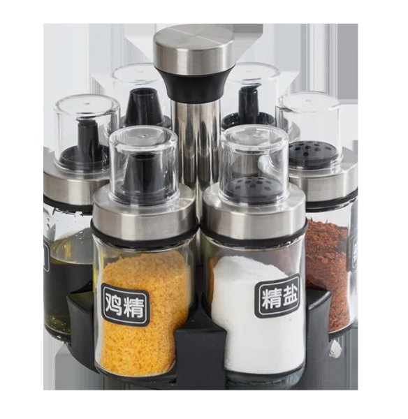 607-3 - ORGANIZADOR DE CONDIMENTOS X7 EN VIDRIO CON TAPA Y DISPENSADOR